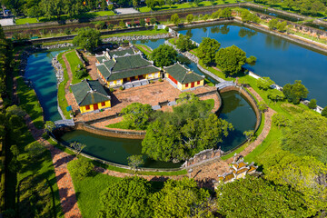 Aerial view of Hue Citadel and view of Hue city, Vietnam. Imperial Royal Palace of Nguyen dynasty.