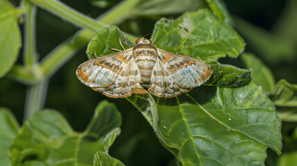 Moth resting on green leaf