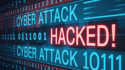Cyber attack concept with binary code and the word hacked in red letters on screen
