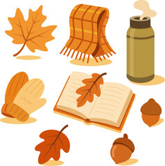 Flat vector illustration showing a cozy autumn still life with scarf, thermos, book, and leaves. Great for seasonal projects, fall lifestyle visuals, or creative graphic design.