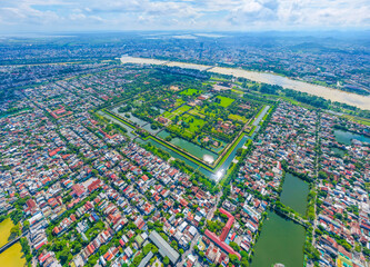 Aerial view of Hue Citadel and view of Hue city, Vietnam. Imperial Royal Palace of Nguyen dynasty.