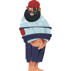 Pixelated Pirate Character in Red Hat and Eye Patch Standing Barefoot with Torn Blue Pants and Light Blue Shirt and Dark Beard and Red Bandana on White Background