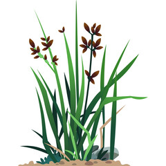 Pixel Art Illustration of Tall Green Grass with Brown Seed Heads and Small Rocks on Sandy Ground