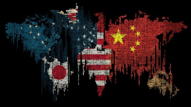 World Map Design with National Flags and Binary Code Representation