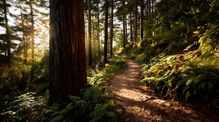 Obraz premium Sunlit Hiking Trail Through Forest of Tall Trees and Lush Ferns Landscape