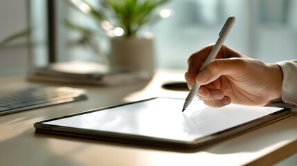 Hand using stylus to write on tablet in modern office setting  