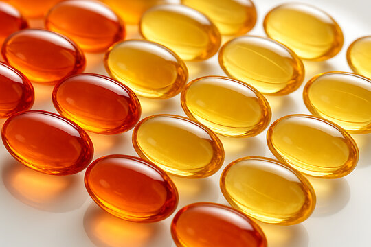 Assorted capsules in amber and yellow colors on white surface  