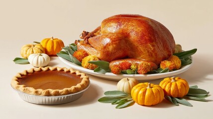 A beautifully prepared Thanksgiving feast features a perfectly roasted turkey garnished with herbs, surrounded by small pumpkins and a delicious pumpkin pie, creating a warm festive atmosphere