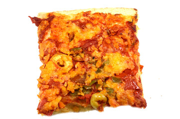 slice of Vegetable Pizza of various toppings, olives, peppers, tomatoes, melted mozzarella cheese, The Pizza has a golden brown baked crust, Vegetables vegetarian toppings Pizzas, Italian food concept