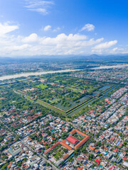 Aerial view of Hue Citadel and view of Hue city, Vietnam. Imperial Royal Palace of Nguyen dynasty.