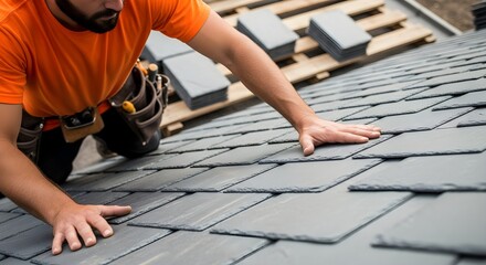 Roofer installing new slate tiles on a residential house roof.