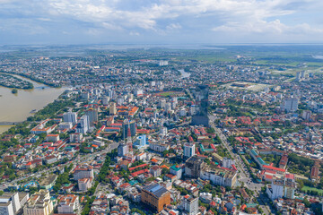 Aerial view of Hue City in Vietnam. Many bridges and Imperial Royal Palace of Nguyen dynasty nearby. Travel and landscape concept