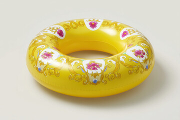 Eye-catching yellow pool float with an intricate design that evokes luxury, perfect for stylish swimmers and summer fun in the sun.