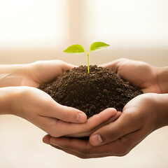 Hands holding soil with seedling plant growth and environmental care