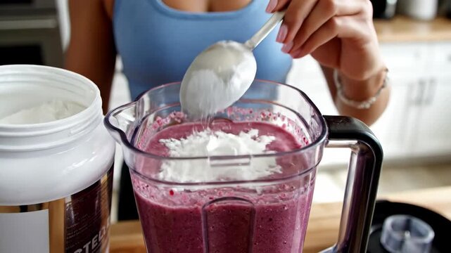 A woman adds a scoop of protein powder to a berry smoothie in a blender. Preparing a healthy nutritional shake in the kitchen. Fitness, diet and healthy lifestyle concept