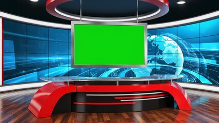 Virtual news studio background with a vertical green screen. 3D animated set for television broadcasting and media presentations. Modern anchor desk and world globe graphic - Powered by Adobe
