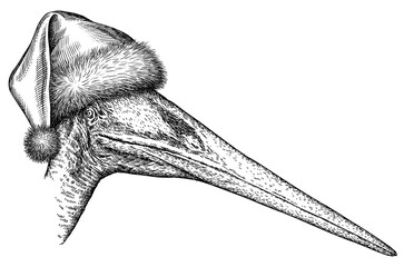 Vintage engraving christmas isolated pterosaur set illustration pterodactylus ink santa costume sketch. Flying dinosaur background silhouette Jurassic new year hat art. Hand drawn image