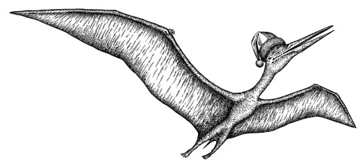 Vintage engraving christmas isolated pterosaur set illustration pterodactylus ink santa costume sketch. Flying dinosaur background silhouette Jurassic new year hat art. Hand drawn image