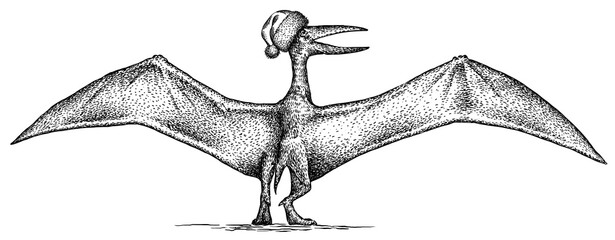 Vintage engraving christmas isolated pterosaur set illustration pterodactylus ink santa costume sketch. Flying dinosaur background silhouette Jurassic new year hat art. Hand drawn image