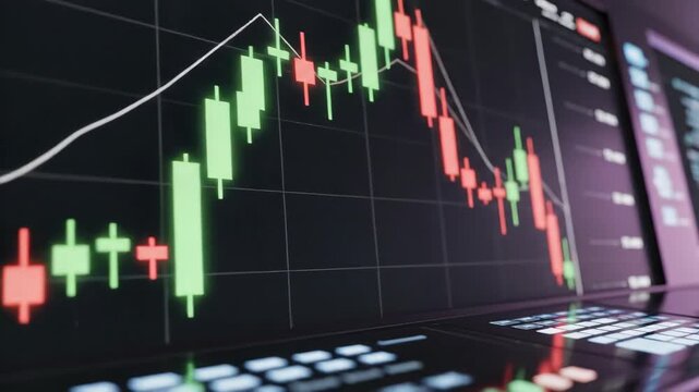Animated stock market candlestick chart on a digital screen. Financial data analysis showing trading volatility and price trends. Crypto, forex, and investment concept - Powered by Adobe
