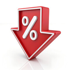 3D Red Down Arrow with White Percentage Sign &ndash; Discount or Rate Drop Icon Isolated on White,Financial Decrease and Sale Concept &ndash; 3D Percentage Arrow Symbol Illustration
