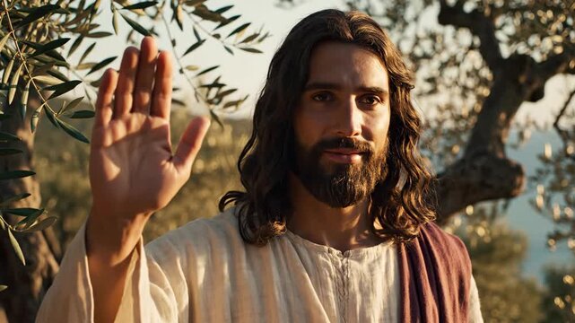Jesus Christ waving his hand in a blessing gesture outdoors. A portrait of the Son of God in an olive grove. Christian faith and spirituality concept