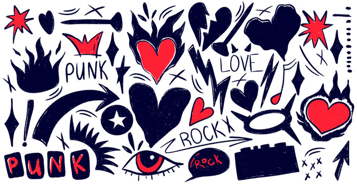 Hand drawn punk doodle set with wild scribble lines. Rock vibe and fire tattoo elements reflect raw punk energy and rebellious rock music style.