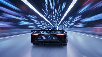 Vertical video of a futuristic sports car driving at high speed through a neon tunnel. 3D animation of a fast race car with motion blur. Automotive technology and performance concept - Powered by Adobe