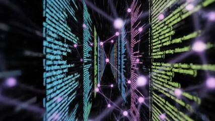 Moving through a digital tunnel of streaming data and computer code. Abstract animation of a futuristic network and information flow. Big data and technology concept - Powered by Adobe