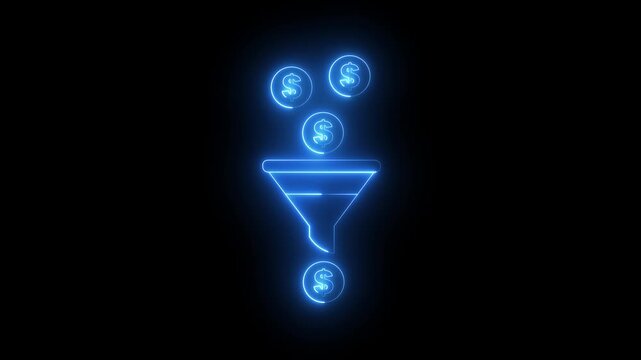 Dollar falling icon animation money funnel business marketing finance success. finance money funnel sales growth investment revenue increase. neon money funnel icon into sales and financial success.