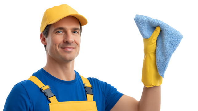 A cheerful man in a yellow cap and gloves holds a cleaning cloth, ready to start his cleaning tasks with a smile.