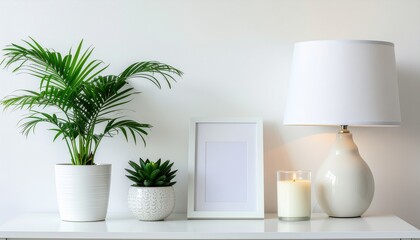 Home decor items &mdash; potted plant, table lamp, candle, and photo frame &mdash; isolated on white background, soft natural lighting, modern aesthetic