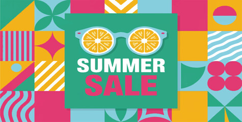 summer sale, retro banner, geometric pattern, memphis style, colorful background, orange sunglasses, abstract design, seasonal discount, hot deals, e-commerce graphic, social media post, sale advertis
