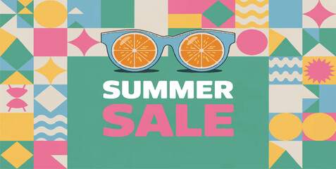 Vibrant Summer Sale Banner with Retro Geometric Tiles & Orange Sunglasses | Shop Now for Exclusive Season Discounts
