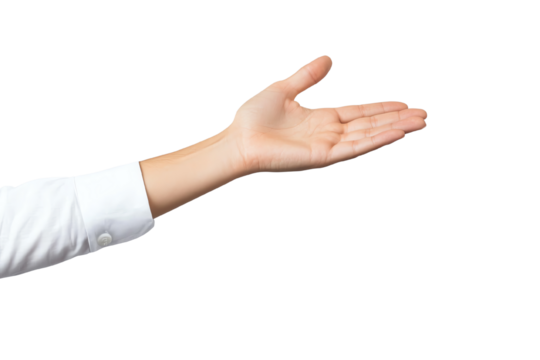 A human hand reaching out, palm open, against a white isolated background.