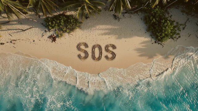 Aerial View of Tropical Beach with SOS Message Written on Sand Near Ocean Waves