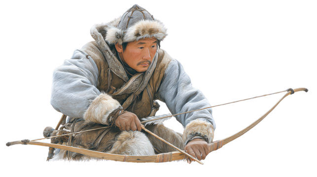 A hunter dressed in traditional attire, skillfully pulling back a bow, showcasing ancient archery techniques.