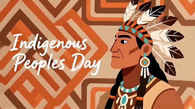 Illustration for indigenous peoples day featuring a man in traditional headdress and attire against a backdrop of geometric patterns