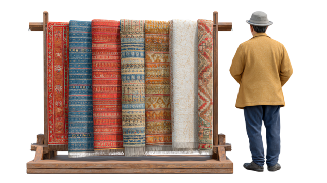 A man admiring colorful textiles displayed on a wooden rack, showcasing intricate patterns and vibrant colors.