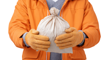 A person in an orange coat holding a tied bag, symbolizing waste management and environmental awareness.