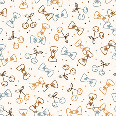 Vector cherry and bow seamless coquette pattern in  retro colors