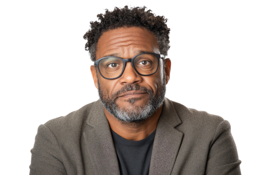 A thoughtful man with glasses and curly hair wearing a brown blazer, isolated on a white background.