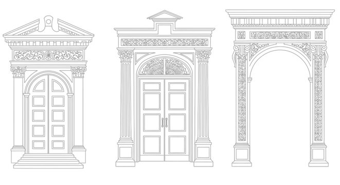 Detailed line drawings of three classical architectural doorway designs displayed