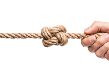 Close-up of a hand holding a rope with a knot, symbolizing binding, strength, and connection.