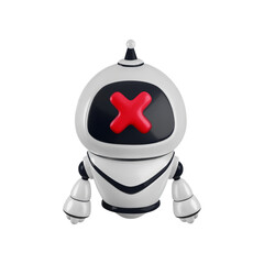 Vector Cartoon 3d No robots prohibition sign. Realistic 3d render red block cross icon on robot face screen. Ban generated content, forbidden smart bot use, blocked chat bot concept.