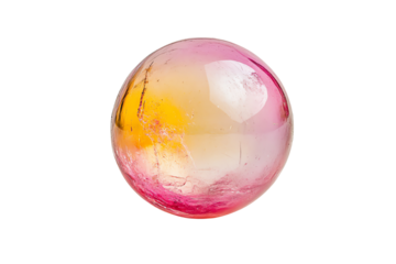 Colorful glass sphere with gradient hues of pink, yellow, and orange on a white isolated background.