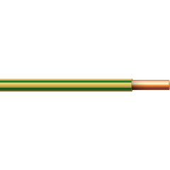 Realistic electric power coaxial cable with copper wire and green and yellow striped insulation on a transparent background