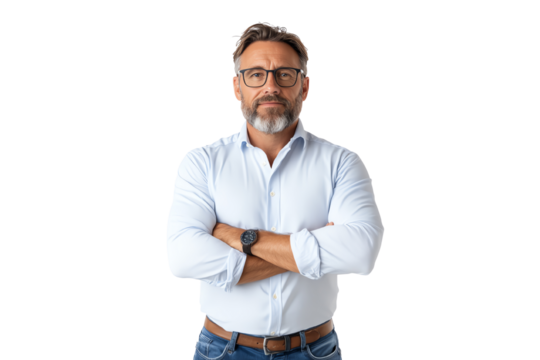 Confident businessman with glasses, standing with arms crossed against a white background.
