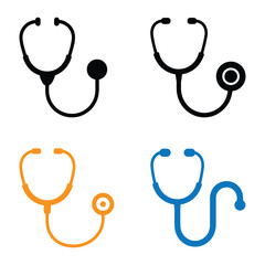 A collection of stethoscope icons in various colors and styles, including black, orange, and blue, , representing healthcare, medicine, and medical equipment