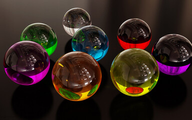 Colorful Glass Spheres on Glossy Surface – 3D Abstract Render